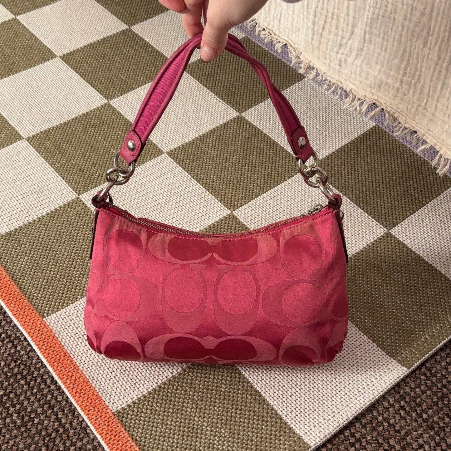 coach vintage signature monogram hot pink shoulder bag/ silver hardware with front flap details